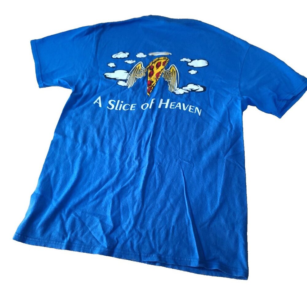 Vtg Mystic Pizza Graphic T Shirt  A Slice of Heaven with Wings Sz M Blue Cotton